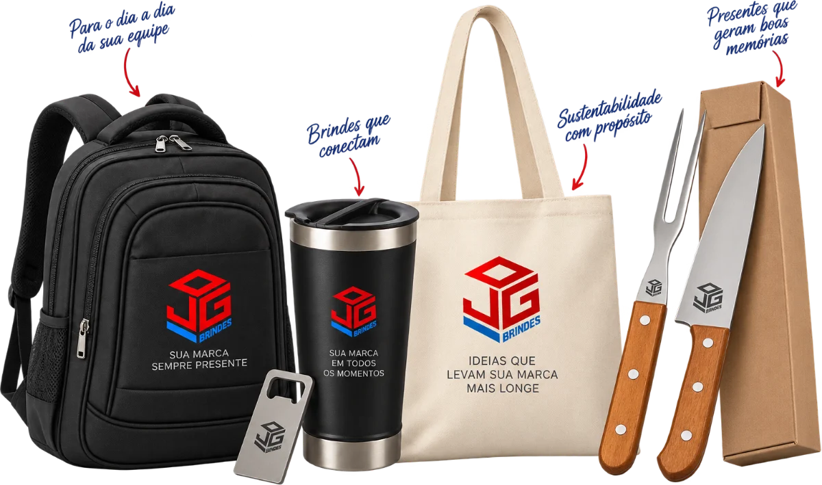 Mochila, abridor, copo térmico, ecobag e kit churrasco personalizados com a marca JG Brindes.